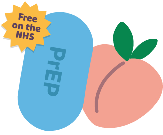 A PrEP pill beside an emoji of a peach. A sticker graphic over the pill says 'Free on the NHS'